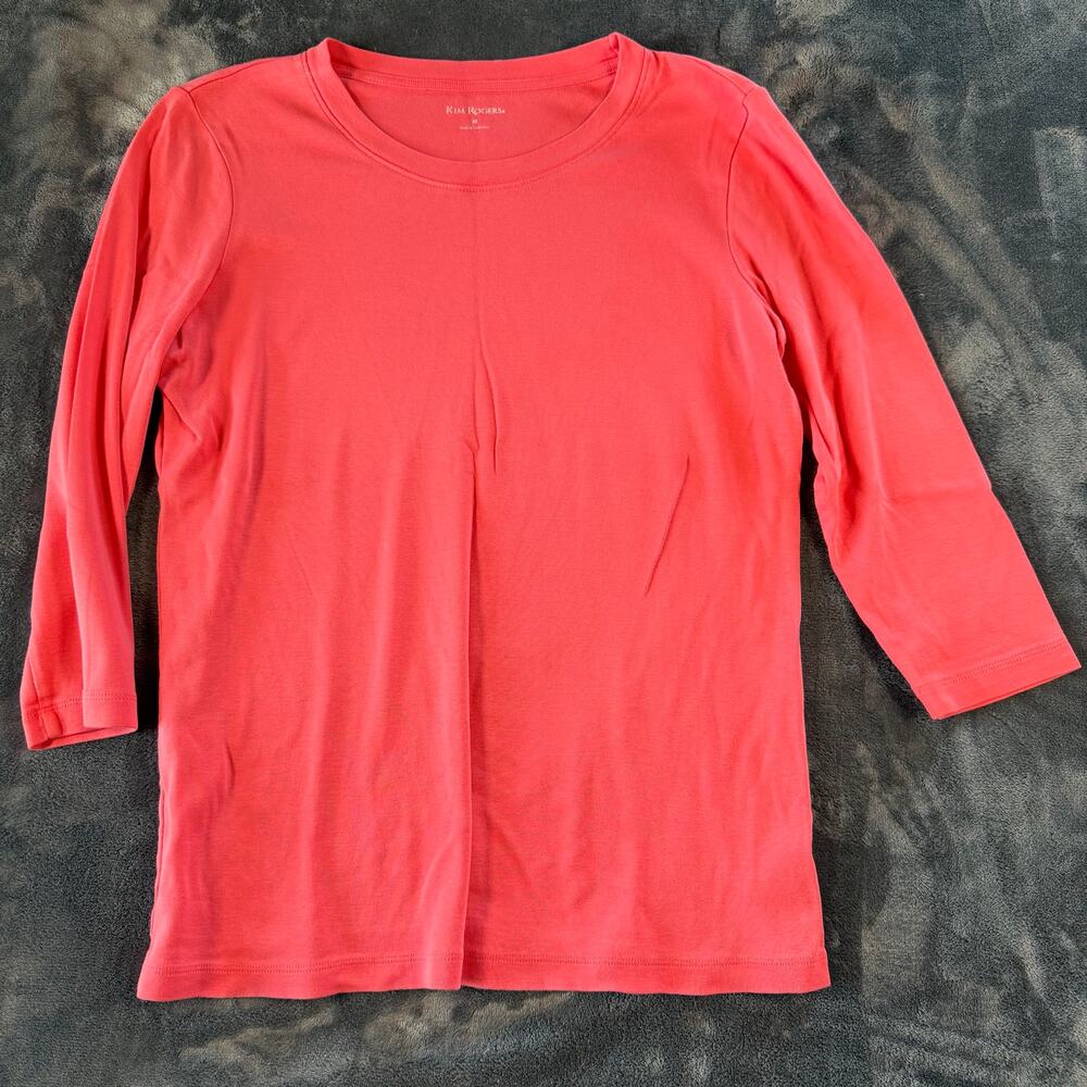 Kim Rogers Womens Medium Coral 100% Cotton 3/4 Sleeve Crew Neck Top